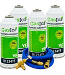 Pack 4 botellas gas refrigerante GASICA YF - R1234yf + manguera carga 5/16"x1/4" + válvula