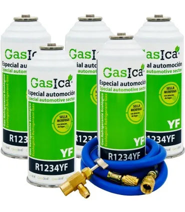 Pack 5 botellas gas refrigerante GASICA YF - R1234yf + manguera carga 5/16"x1/4" + válvula
