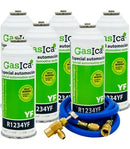 Pack 6 botellas gas refrigerante GASICA YF - R1234yf + manguera carga 1/4"x1/4" + válvula